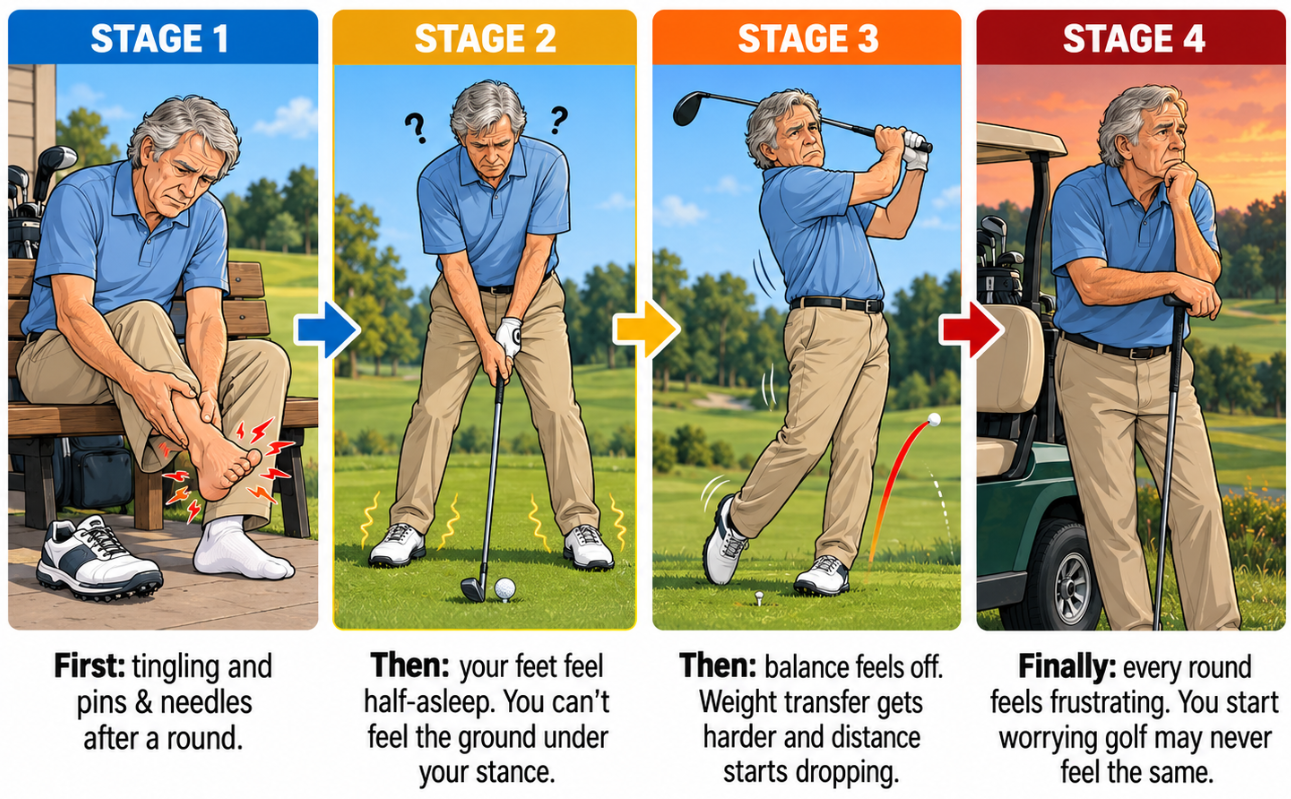 Four-stage illustration of a senior golfer: tingling and pins and needles after a round, feet feeling half-asleep at address, balance and distance dropping, then frustration beside a golf cart at sunset