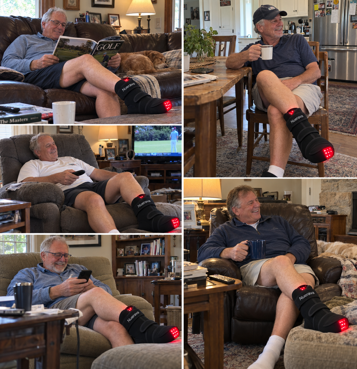 A golfer at home wearing the Neurava NeuroLight Pro foot wrap while reading a golf magazine, watching a golf broadcast on television, and checking his phone