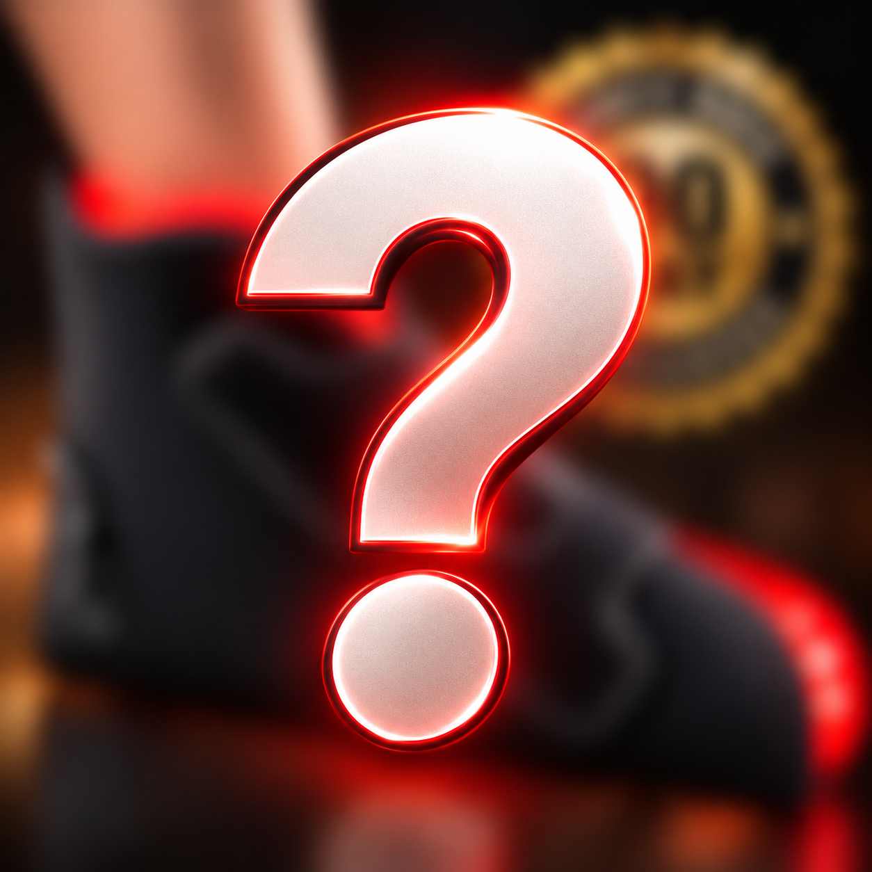 A glossy metallic question mark with a blurred red-light foot device behind it