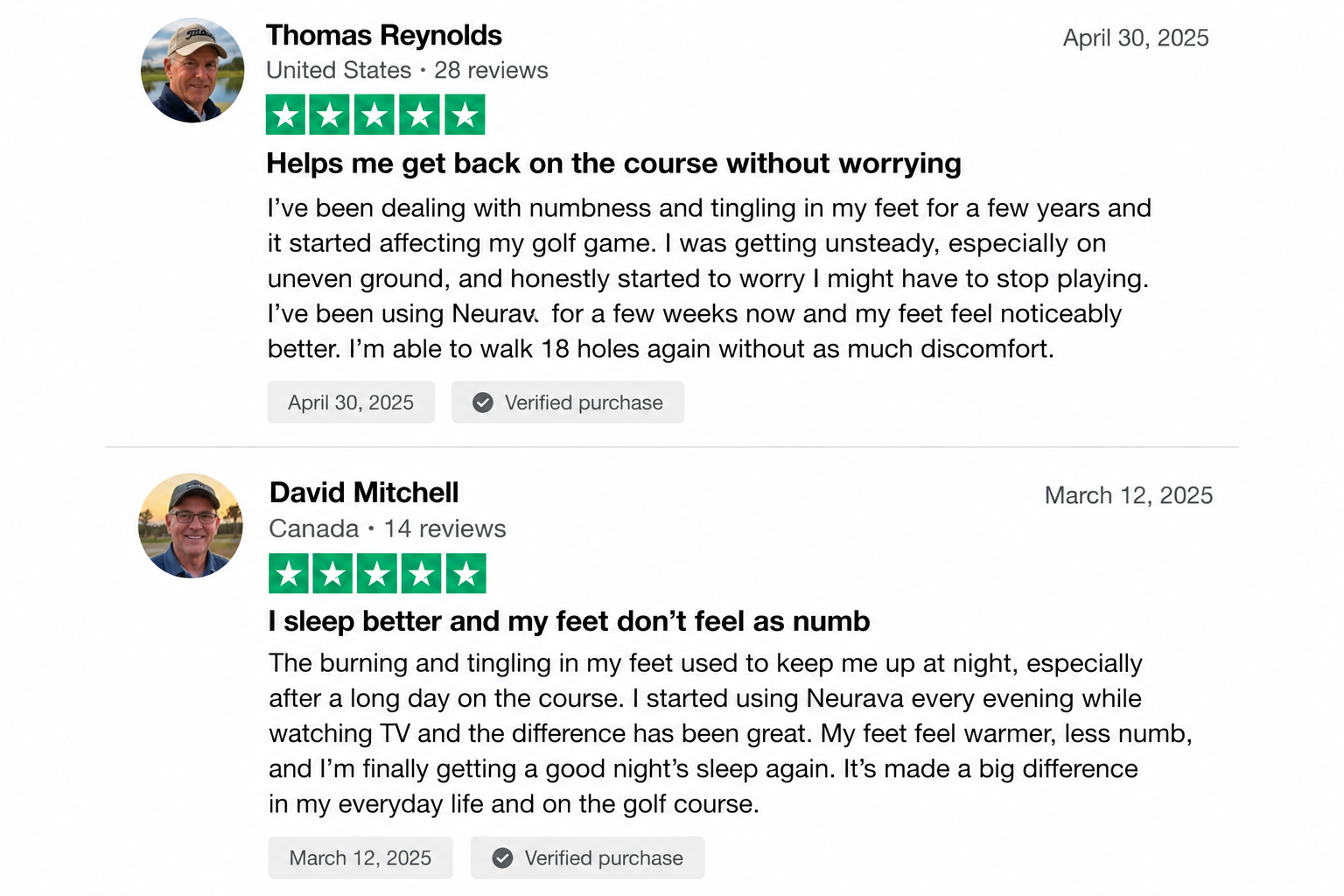 Five-star reviews from Thomas Reynolds, United States — Helps me get back on the course without worrying — and David Mitchell, Canada — I sleep better and my feet don't feel as numb. Both marked verified purchase.