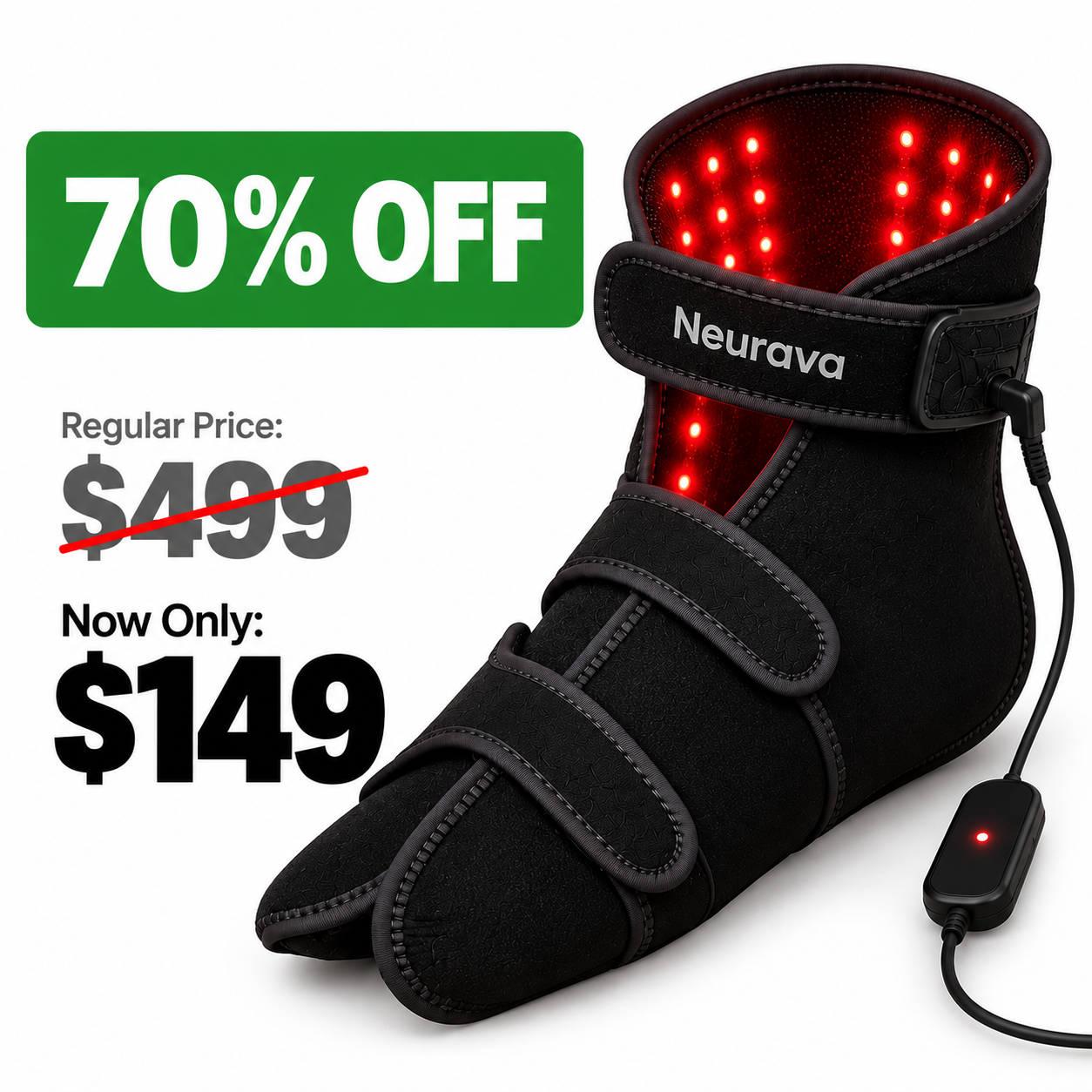 Neurava NeuroLight Pro red-light foot wrap with a 70% off badge, regular price $499 crossed out, now only $149