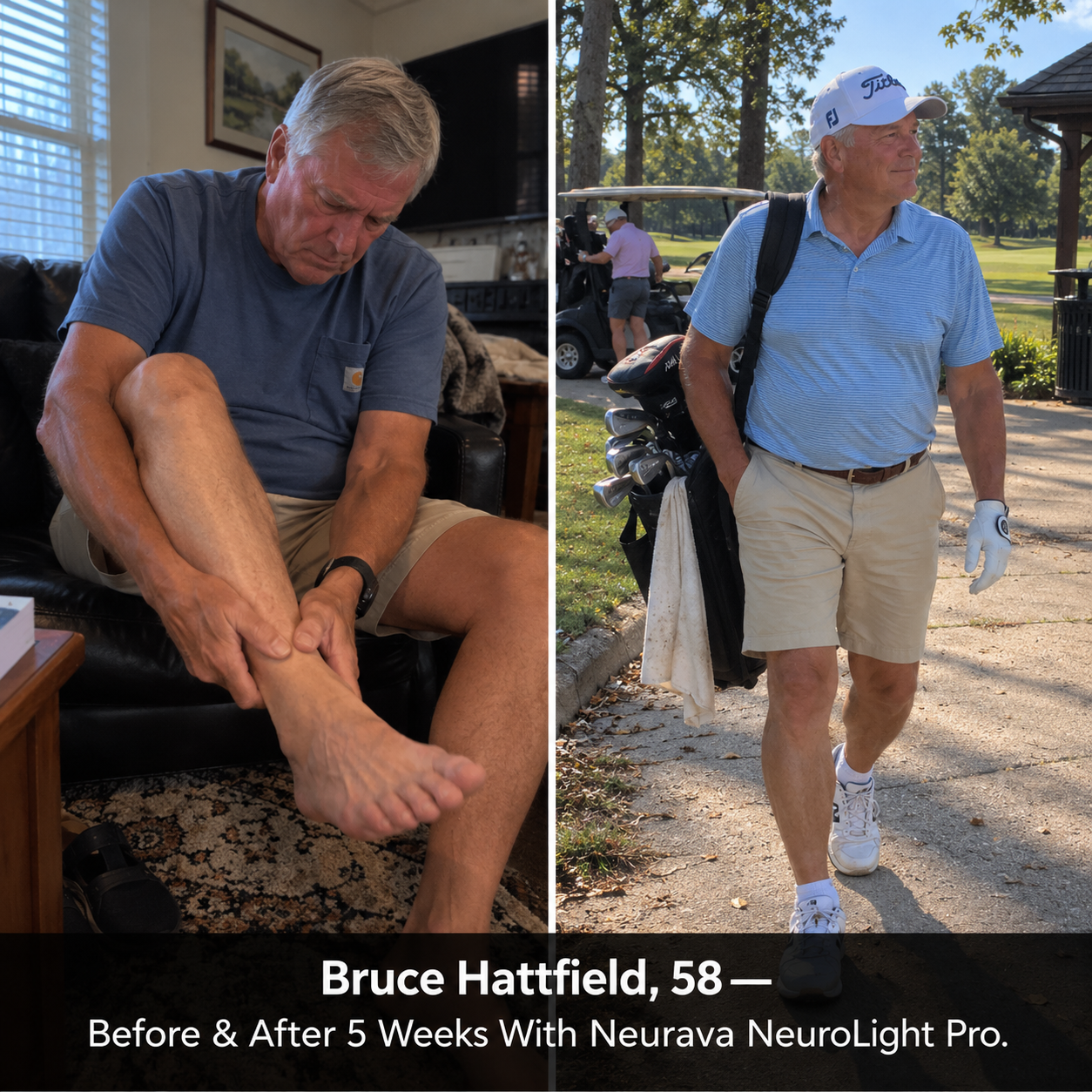Side-by-side photos of Bruce Hattfield, 58: seated indoors holding his foot on the left, and walking on a golf course carrying his clubs on the right