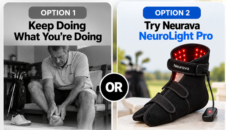 Option 1: Keep Doing What You’re Doing — a golfer seated and massaging his foot. Option 2: Try Neurava NeuroLight Pro — the red-light therapy foot boot on a stone railing.